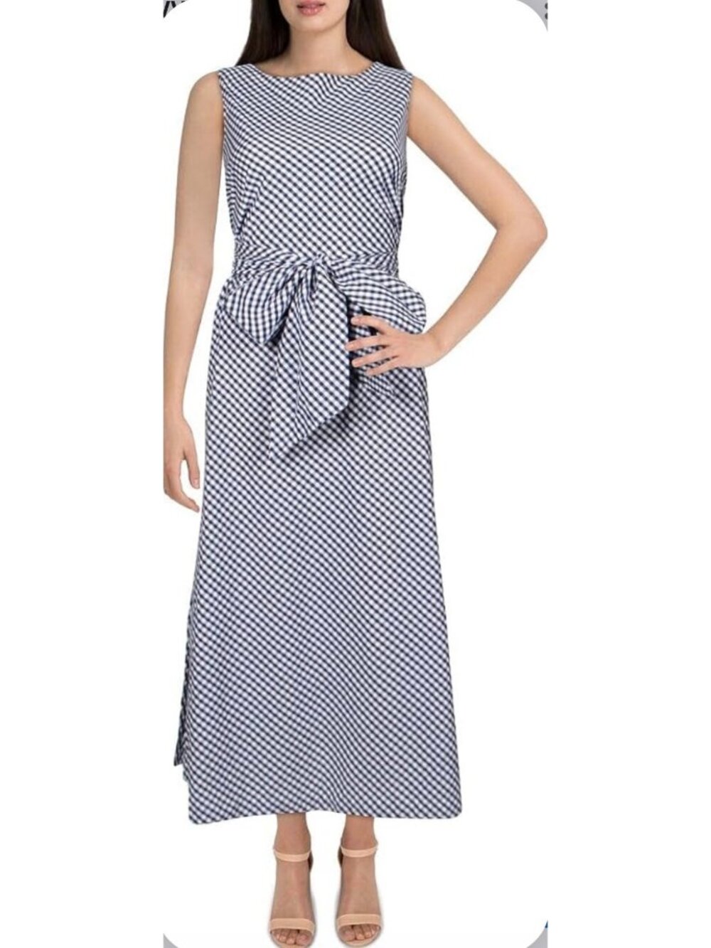 Anne Klein Women’s Navy White Sleeveless Gingham Midi Dress Size 14